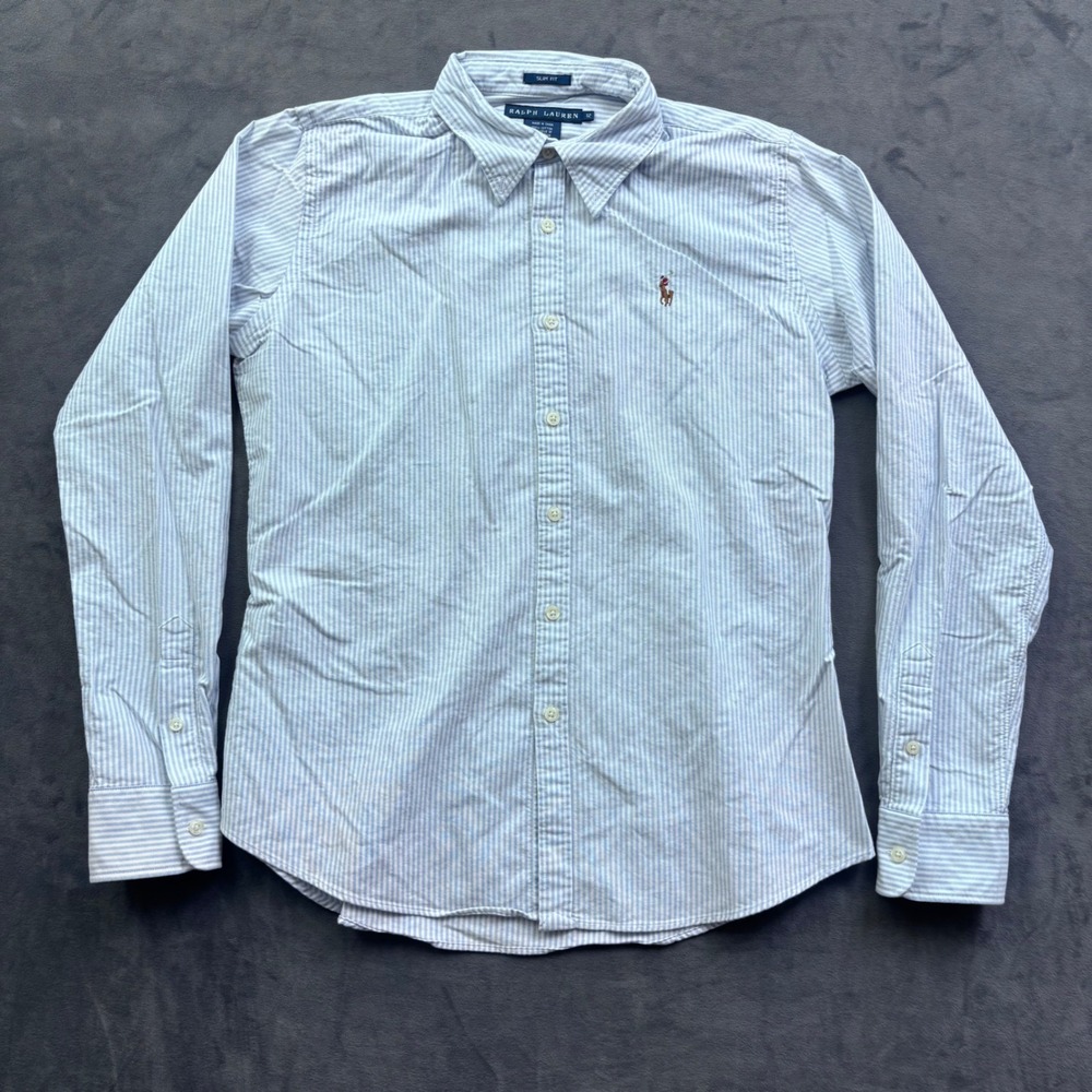 Ralph Lauren Slim Fit Blue White Pinstripe Cotton Button Down Shirt Size 12